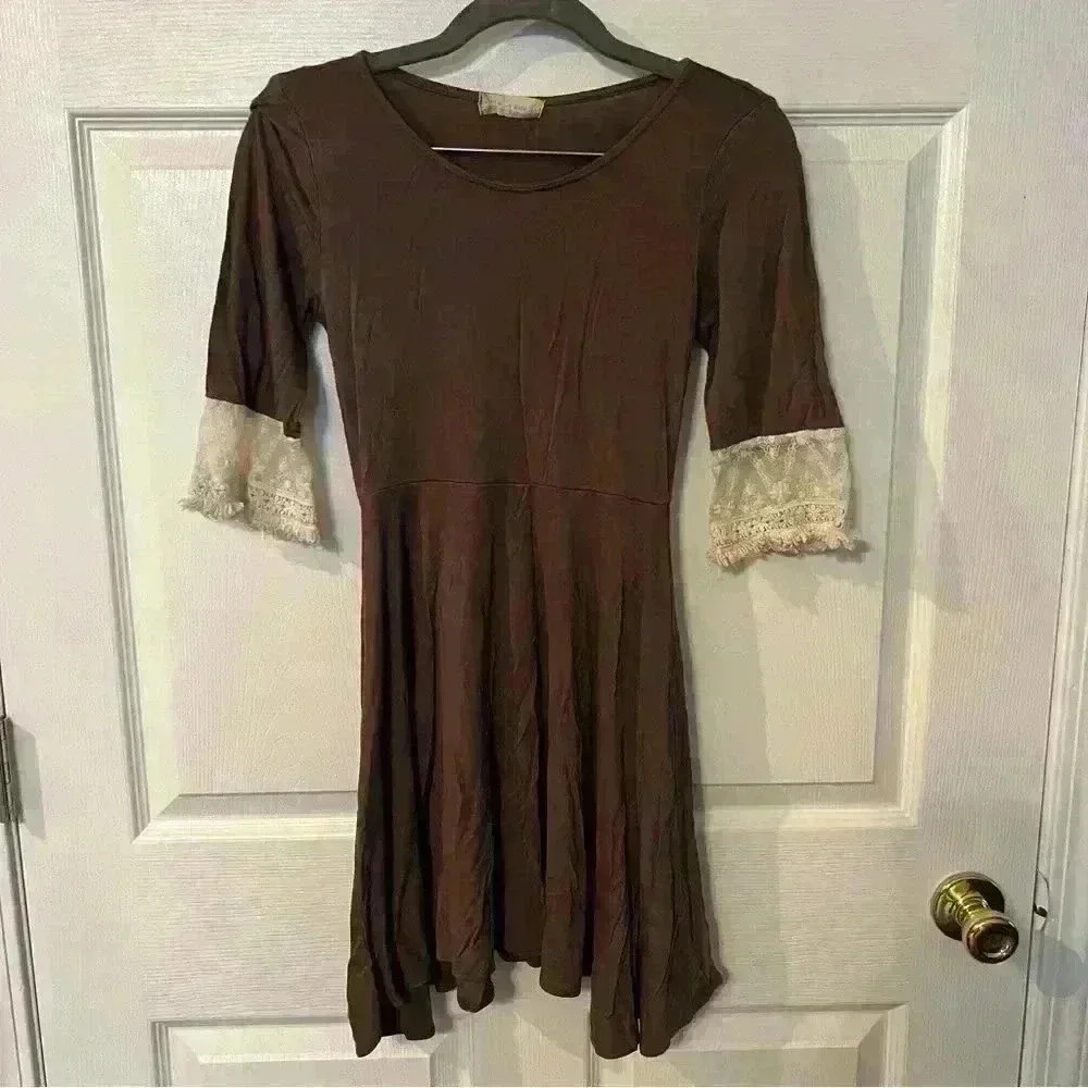 Altar'd State Taupe Lace Sleeves Fit Flare Dress